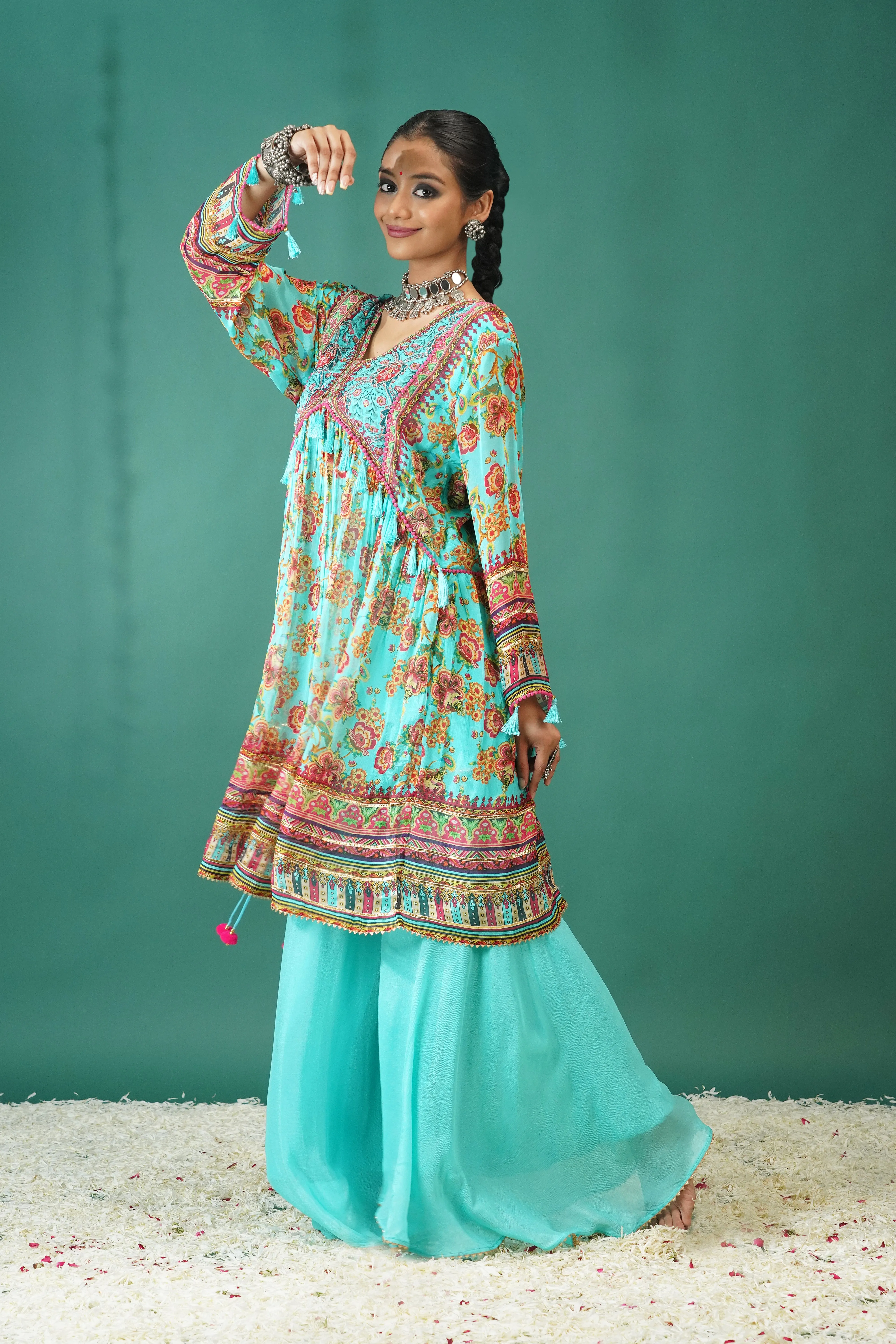 Teal Traditional Printed Chinon Silk Palazzo Set