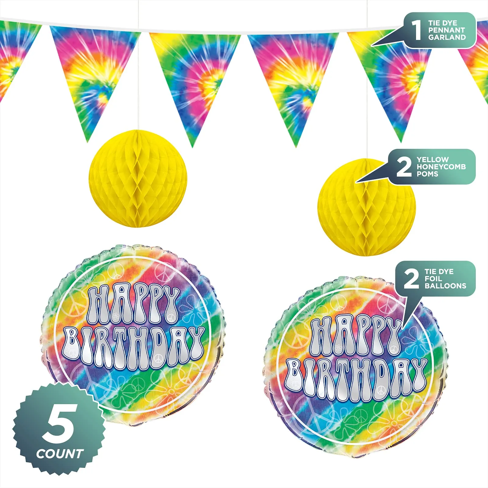 Tie Dye Party Decorations - Happy Birthday Foil Balloons, Hanging Tissue Poms, and Pennant Garland Set