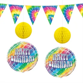 Tie Dye Party Decorations - Happy Birthday Foil Balloons, Hanging Tissue Poms, and Pennant Garland Set