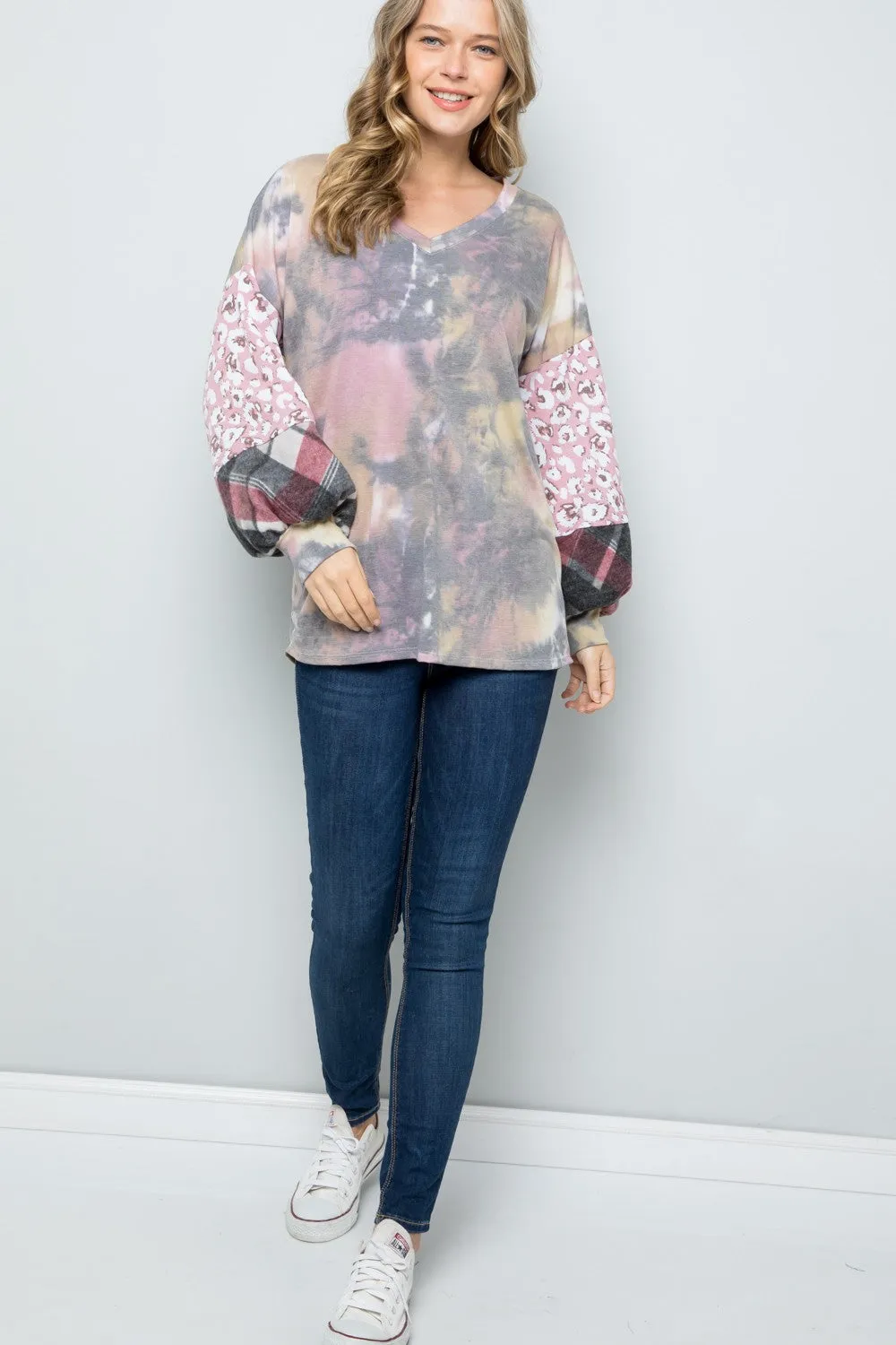 Tie-Dye V-Neck Printed Sleeve Blouse