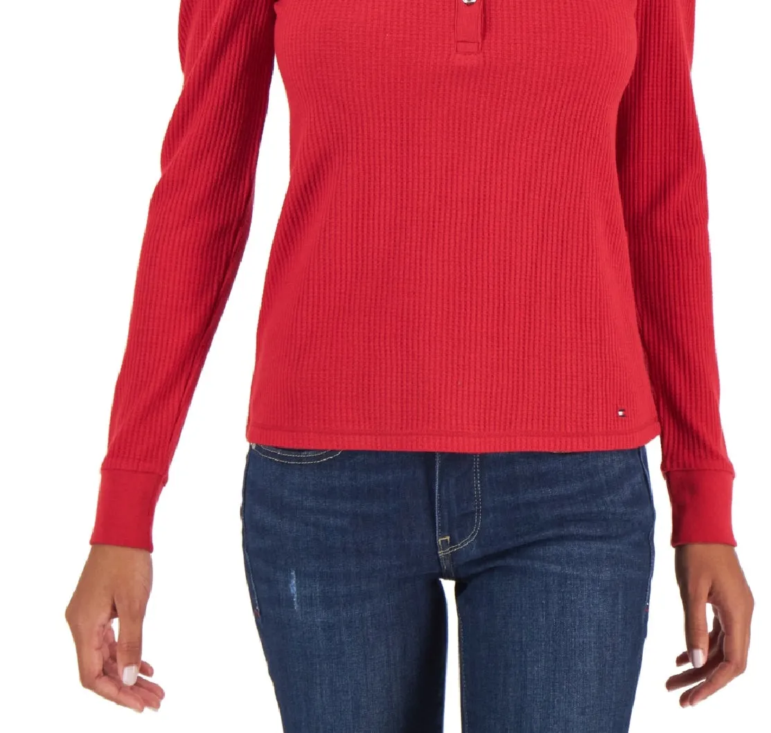 Tommy Hilfiger Women's Faux Suede Trim Henley Top Red