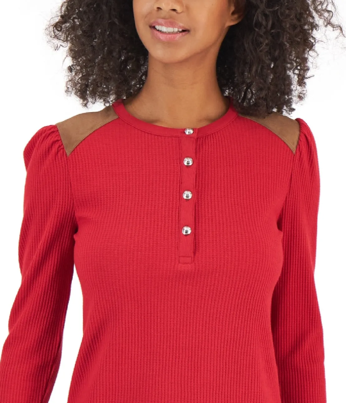 Tommy Hilfiger Women's Faux Suede Trim Henley Top Red