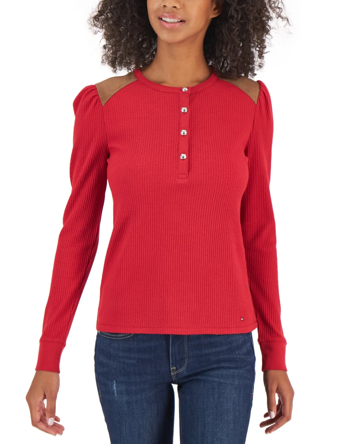 Tommy Hilfiger Women's Faux Suede Trim Henley Top Red