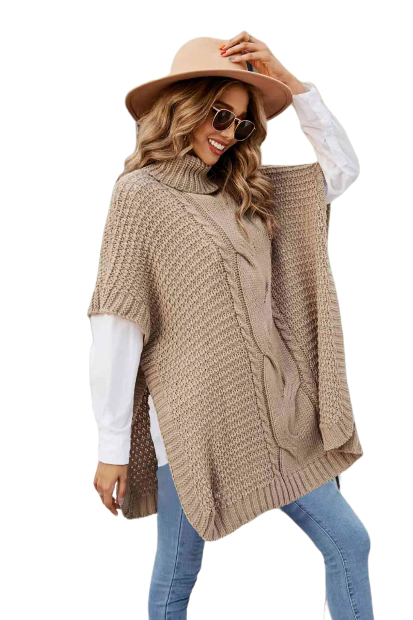 Turtleneck Short Sleeve Sweater Poncho