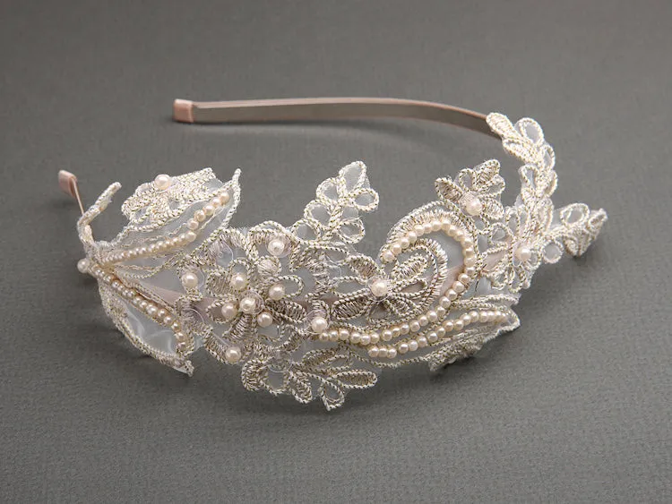 Vintage White Lace Headband with Pearls Sequins