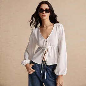 Women Clothing Simple Elegant T shirt Autumn Winter Bandage All Matching Long Sleeve Cardigan Top