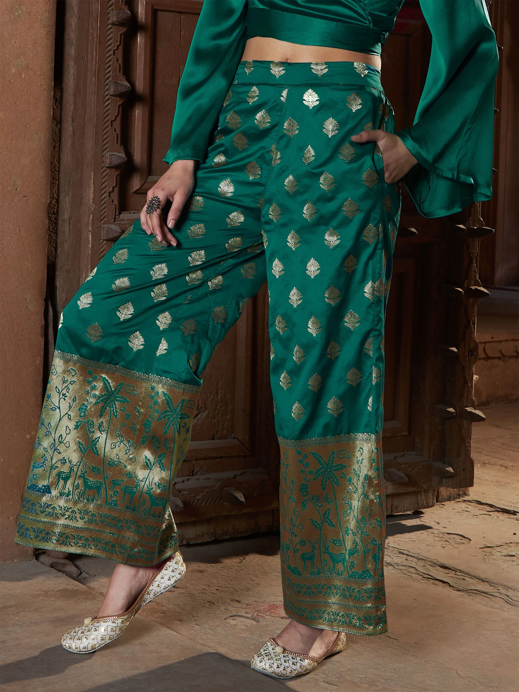 Women Teal Brocade Jacquard Palazzos