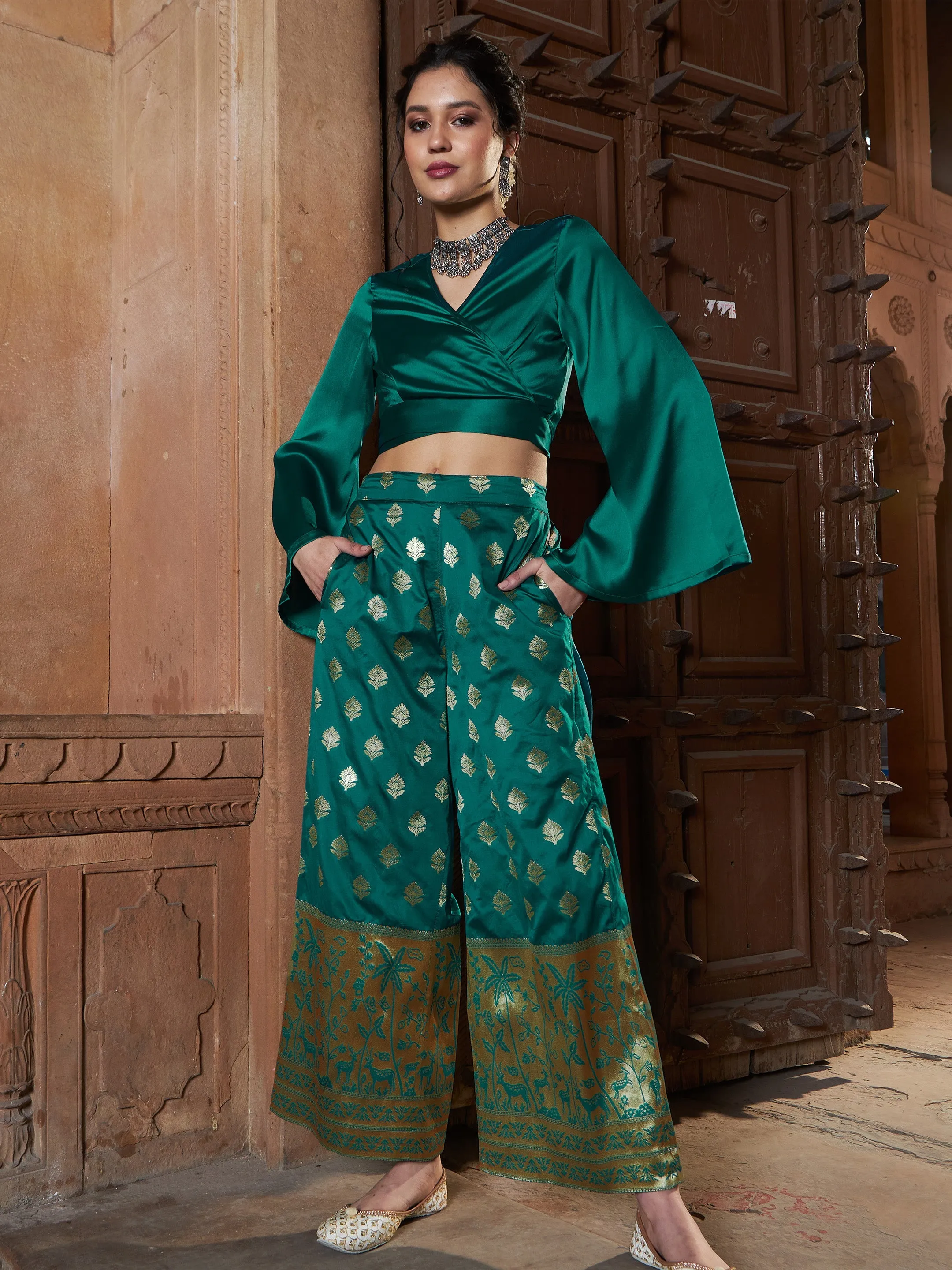 Women Teal Brocade Jacquard Palazzos