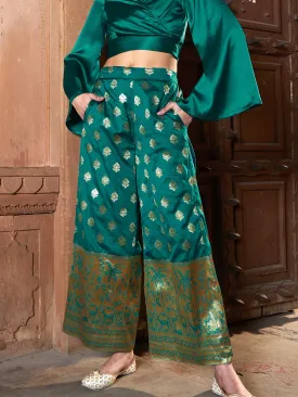 Women Teal Brocade Jacquard Palazzos