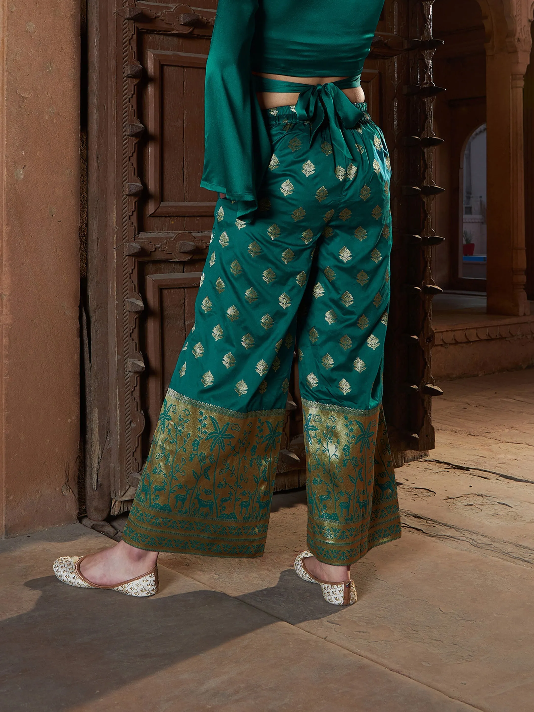 Women Teal Brocade Jacquard Palazzos